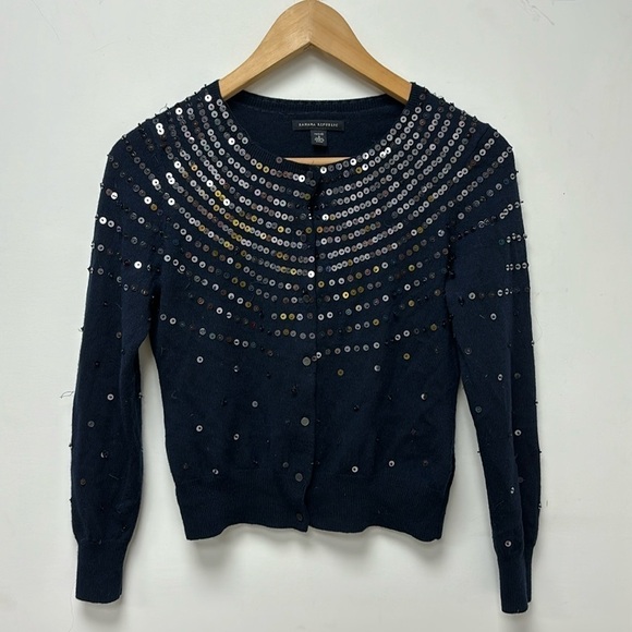 Banana Republic Cardigan Navy Blue Sequin Design Front Round Neck Size S - Picture 2 of 7